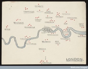 Sketch of London where amulet necklaces were found Credit: Wellcome Library, London. Wellcome Images Copyrighted work available under Creative Commons Attribution only licence CC BY 4.0 http://creativecommons.org/licenses/by/4.0/