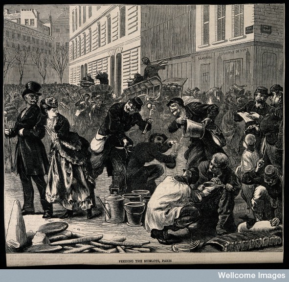 A rich couple walk away in disgust at the feeding of poor and hungry soldiers in Paris (Illustrated London News) Credit: Wellcome Library, London.